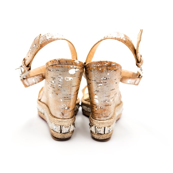 Christian Louboutin Silver Cork Platform Studded Espadrille Sandals Shoes EU 37 - Picture 7 of 10